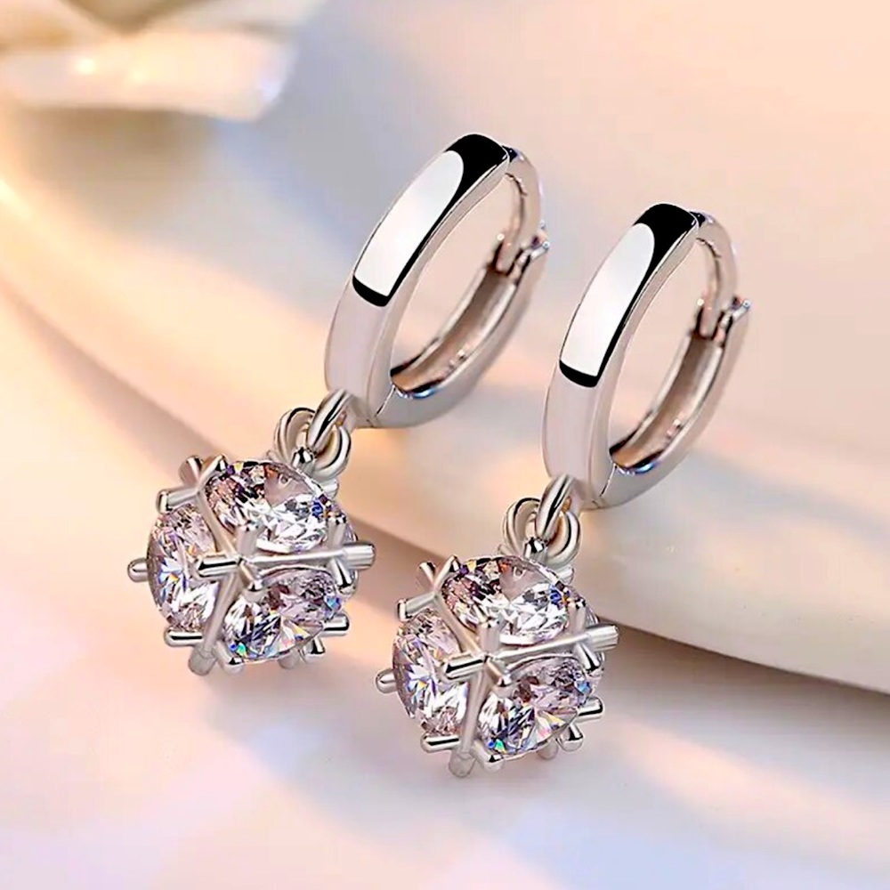 Sterling Silver Cube Crystal Hoop Drop Earrings